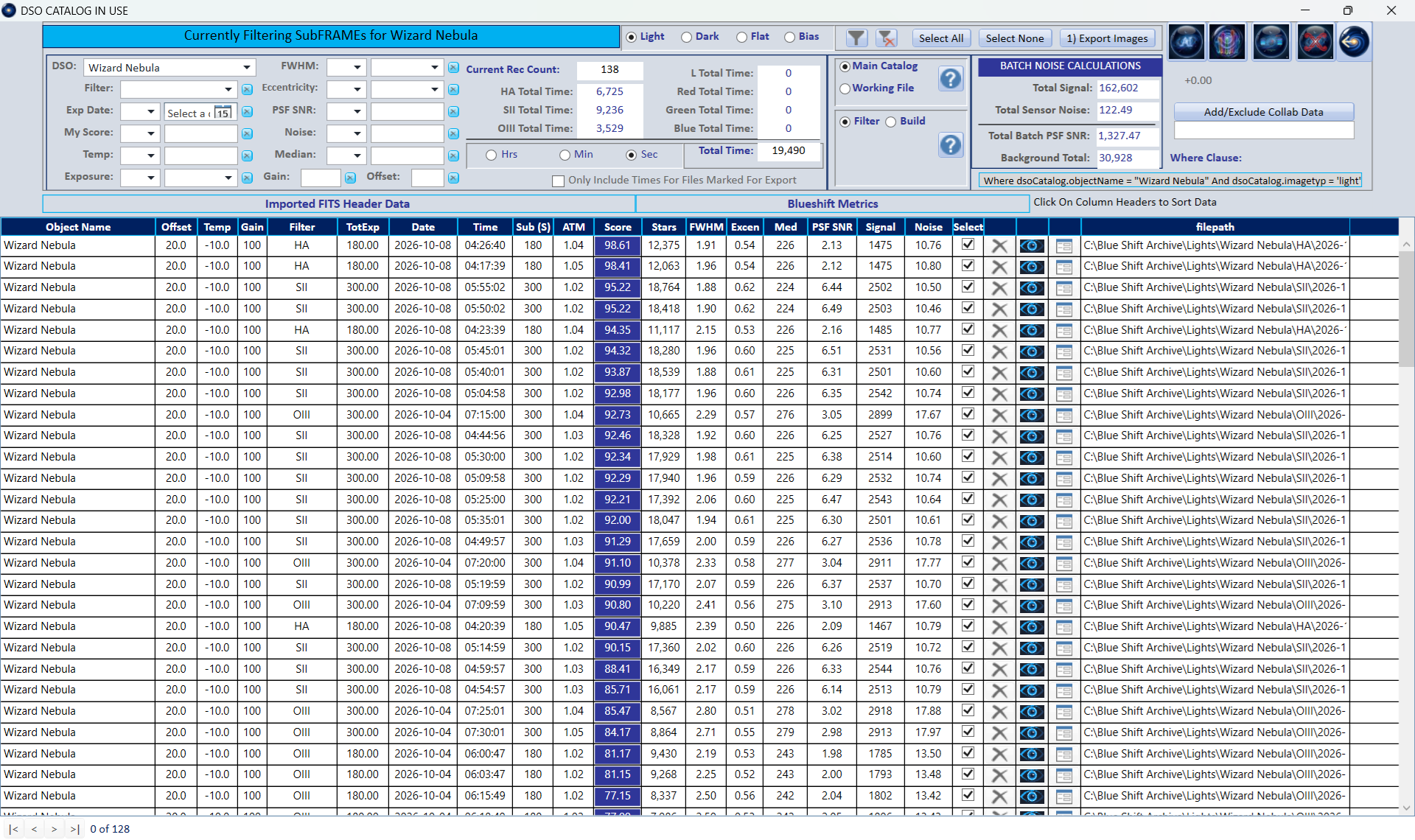 Blueshift main display showing ranked frames with FWHM, eccentricity, air mass and other FITS data